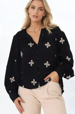 Gigi Blouse - Floral Embroidery Frill Collar Button Down Blouse in Black><noscript><img width=