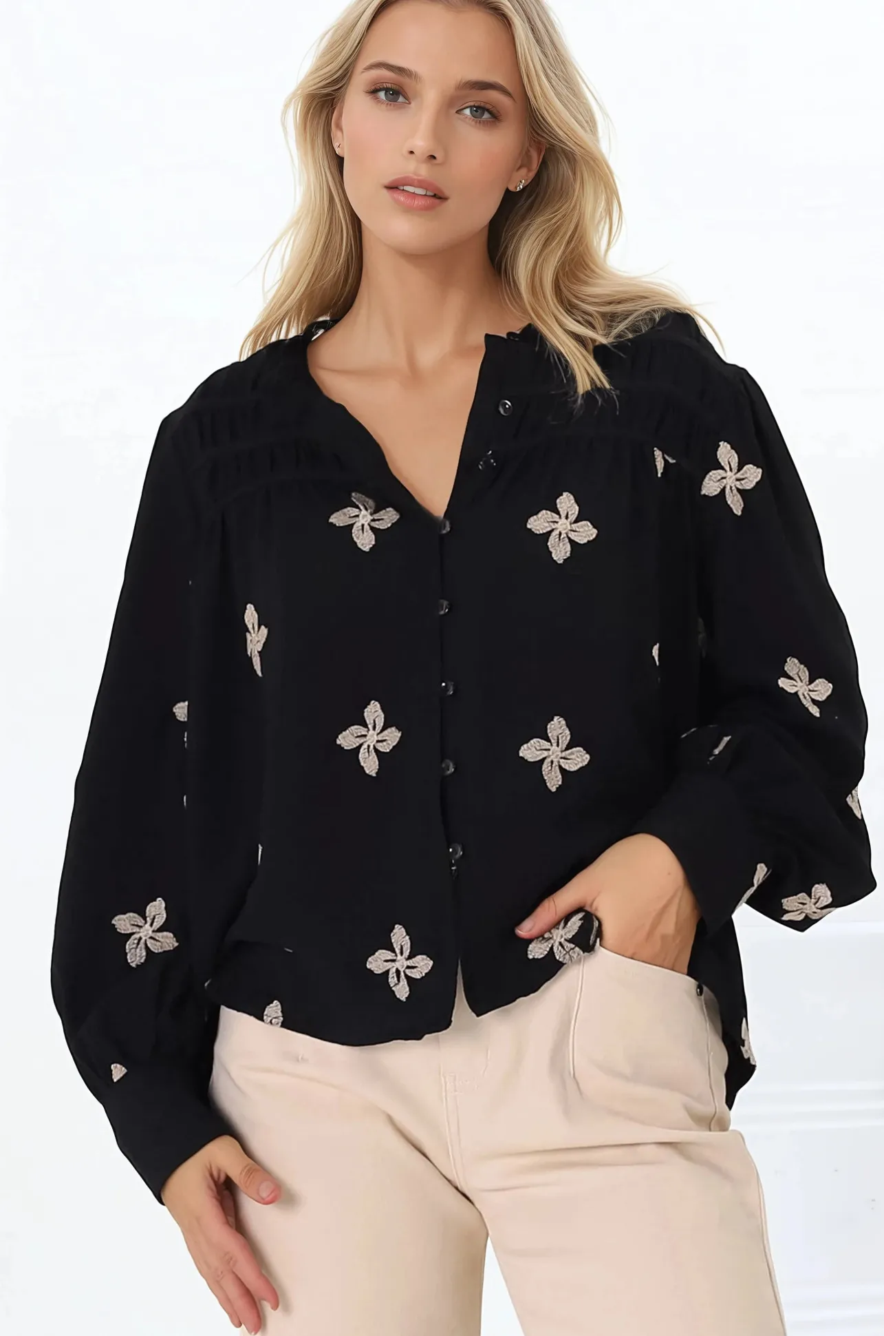 Gigi Blouse - Floral Embroidery Frill Collar Button Down Blouse in Black>Salty Crush Online
