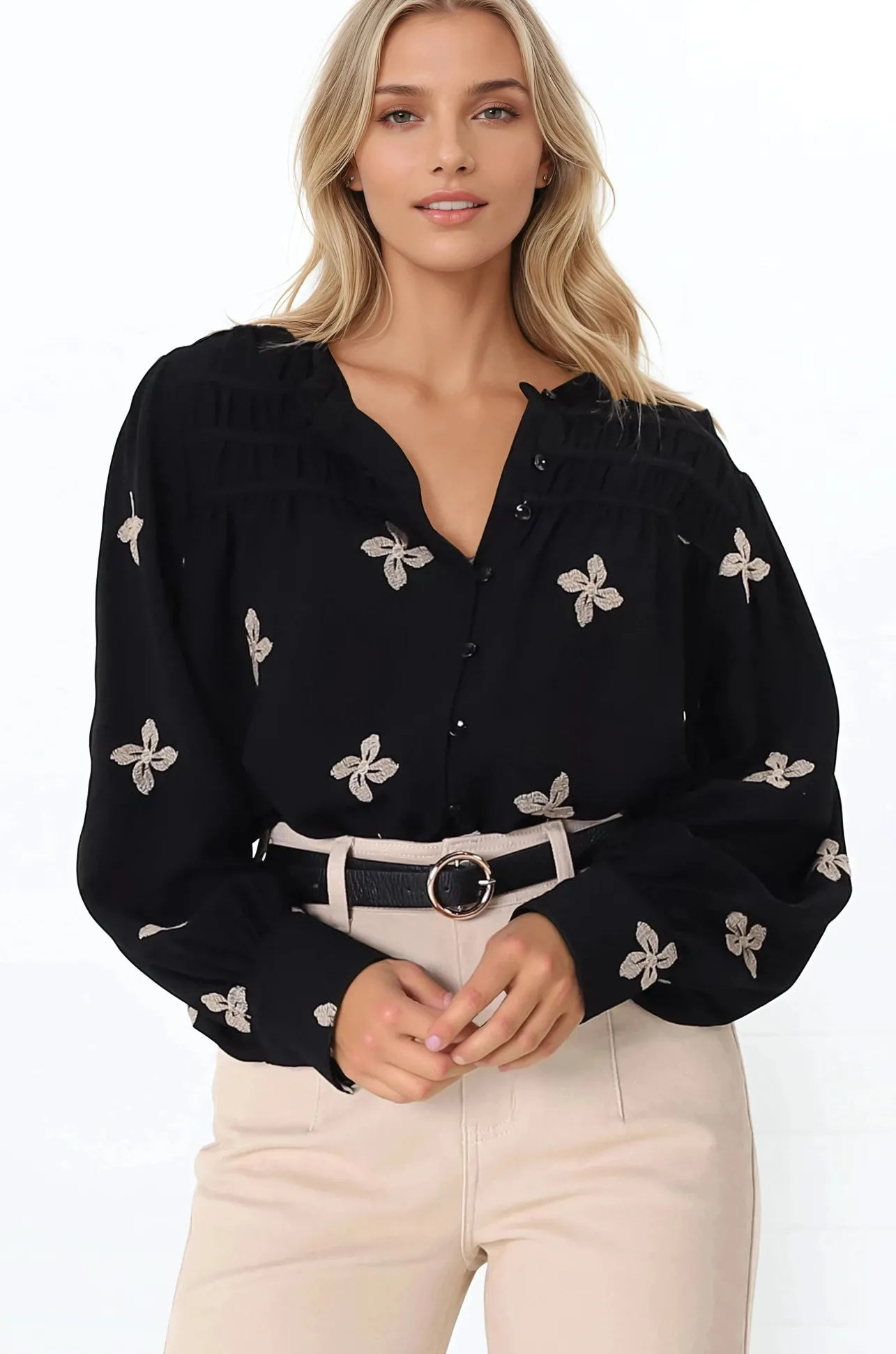 Gigi Blouse - Floral Embroidery Frill Collar Button Down Blouse in Black>Salty Crush Online