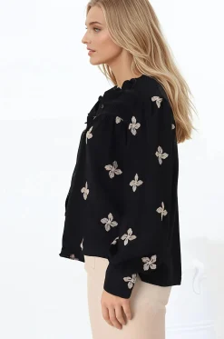 Gigi Blouse - Floral Embroidery Frill Collar Button Down Blouse in Black><noscript><img width=