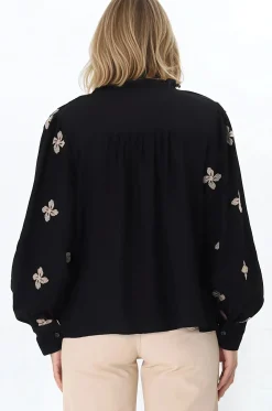 Gigi Blouse - Floral Embroidery Frill Collar Button Down Blouse in Black><noscript><img width=