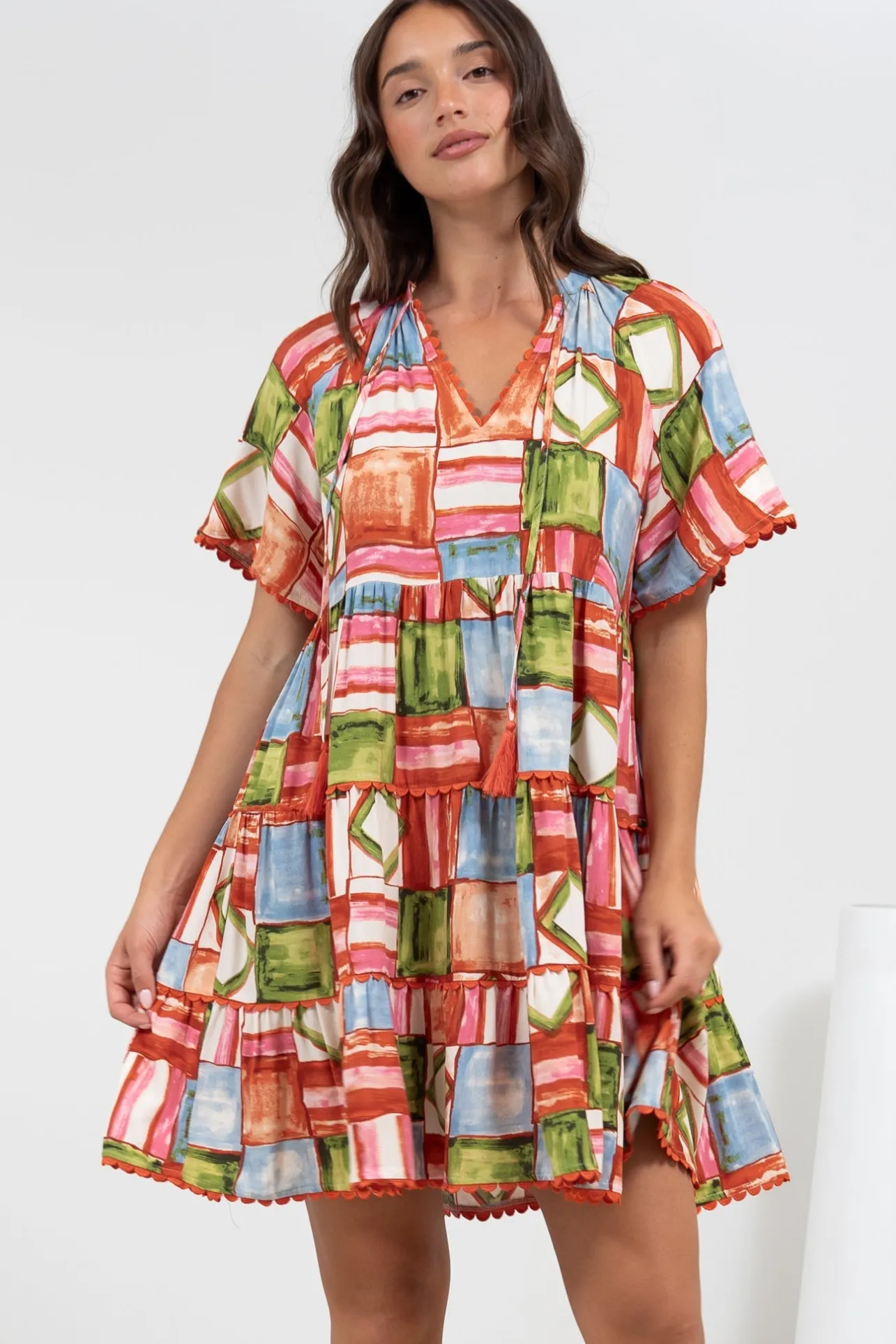 Ginley Mini Dress - V-Neck Scallop Spliced Tiered Dress in Tami Print>Salty Crush Sale