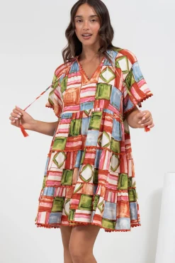 Ginley Mini Dress - V-Neck Scallop Spliced Tiered Dress in Tami Print>Salty Crush Sale
