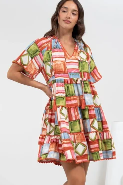 Ginley Mini Dress - V-Neck Scallop Spliced Tiered Dress in Tami Print><noscript><img width=
