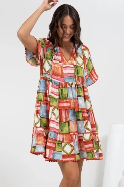 Ginley Mini Dress - V-Neck Scallop Spliced Tiered Dress in Tami Print><noscript><img width=