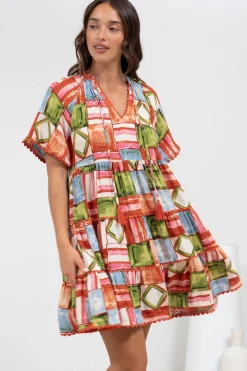 Ginley Mini Dress - V-Neck Scallop Spliced Tiered Dress in Tami Print><noscript><img width=