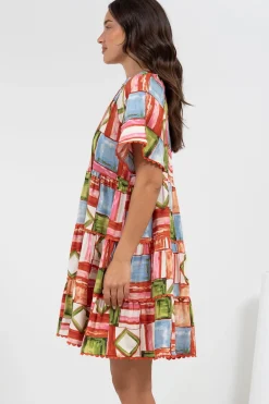 Ginley Mini Dress - V-Neck Scallop Spliced Tiered Dress in Tami Print><noscript><img width=