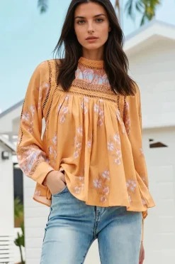 Ginny Blouse - Lace High Neck Pull Over Blouse in Mango Paper Crane Print>Jaase New