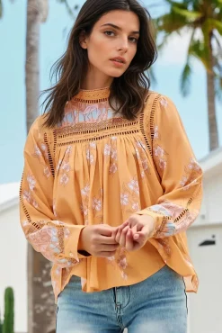 Ginny Blouse - Lace High Neck Pull Over Blouse in Mango Paper Crane Print><noscript><img width=
