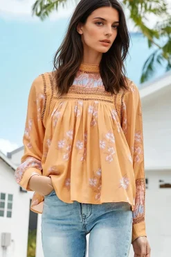 Ginny Blouse - Lace High Neck Pull Over Blouse in Mango Paper Crane Print><noscript><img width=
