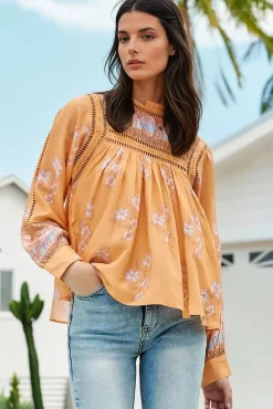 Ginny Blouse - Lace High Neck Pull Over Blouse in Mango Paper Crane Print><noscript><img width=