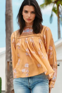 Ginny Blouse - Lace High Neck Pull Over Blouse in Mango Paper Crane Print><noscript><img width=