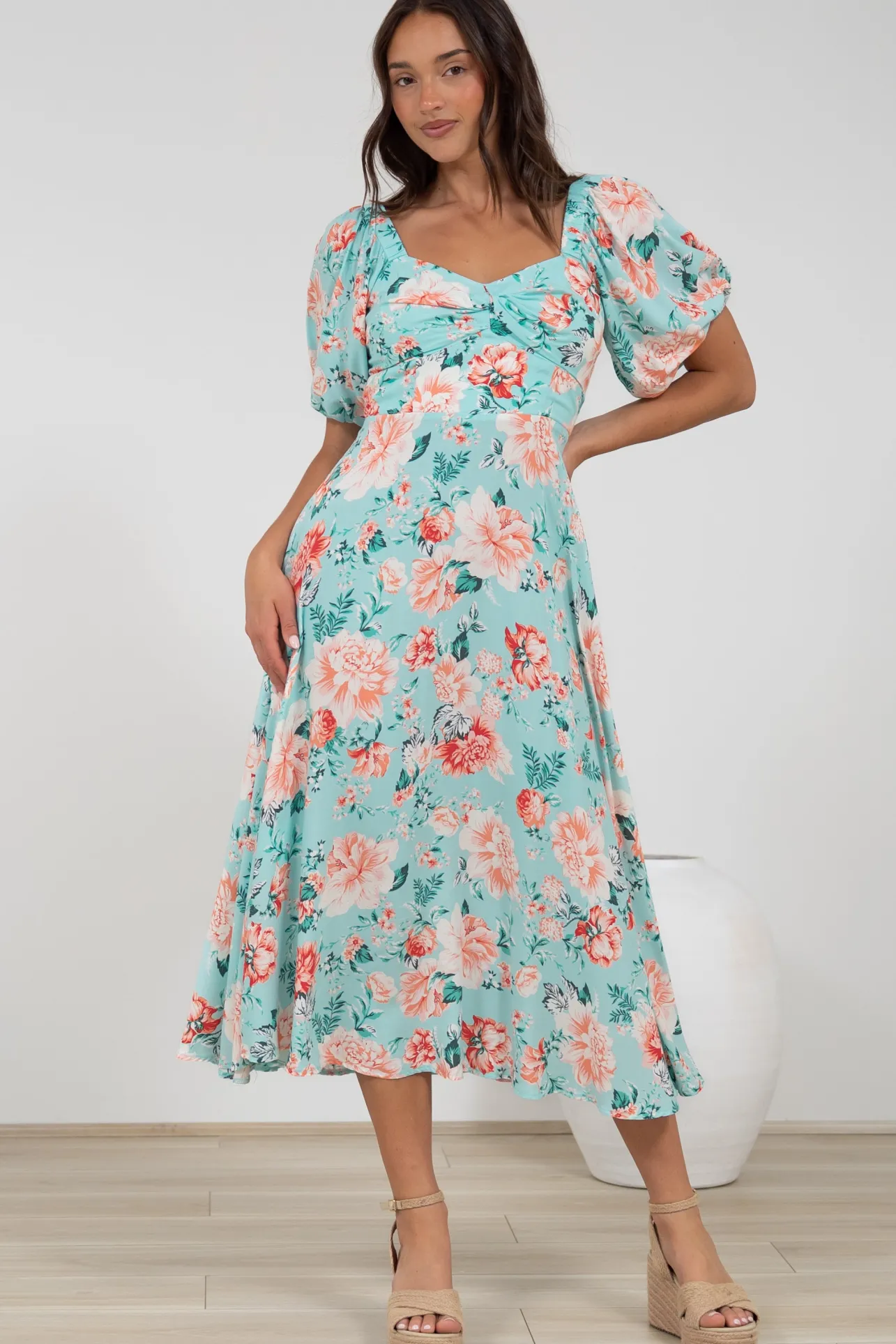 Gisella Midi Dress - Sweetheart Neckline A-Line Dress with Short Sleeves in Helara Print>Salty Crush Outlet