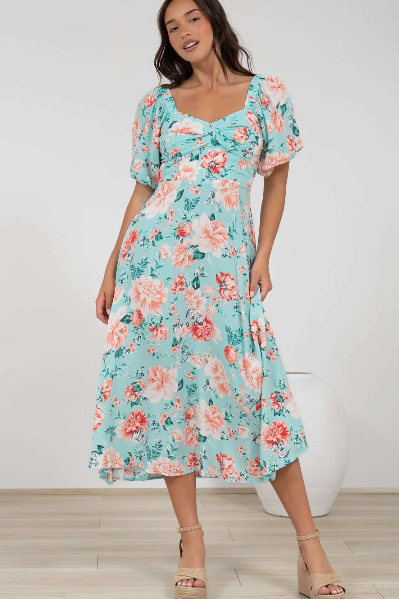 Gisella Midi Dress - Sweetheart Neckline A-Line Dress with Short Sleeves in Helara Print>Salty Crush Outlet