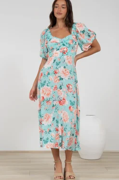 Gisella Midi Dress - Sweetheart Neckline A-Line Dress with Short Sleeves in Helara Print><noscript><img width=