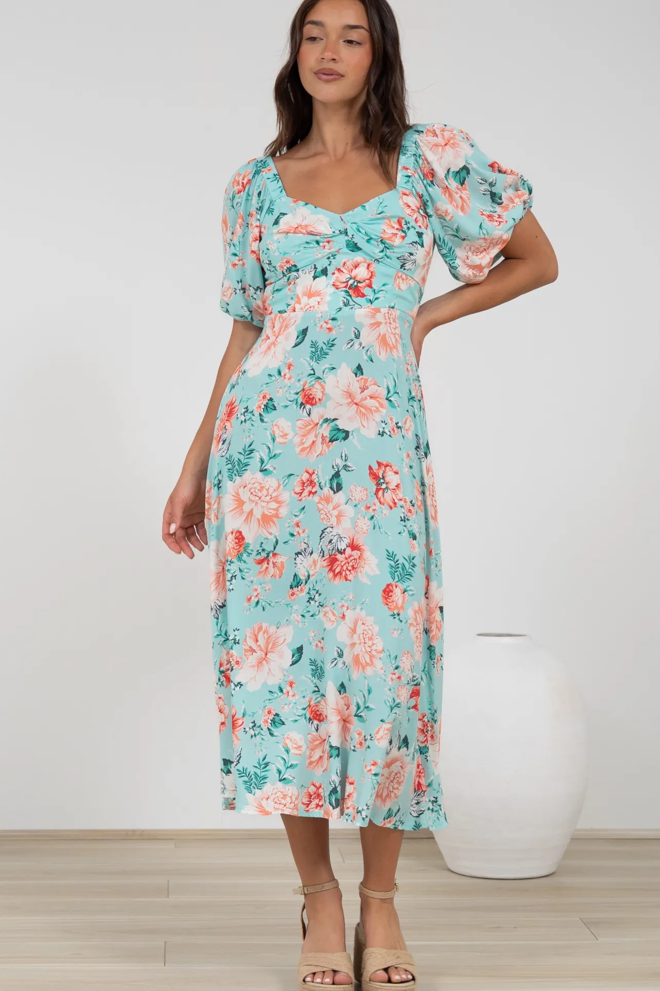 Gisella Midi Dress - Sweetheart Neckline A-Line Dress with Short Sleeves in Helara Print>Salty Crush Outlet