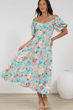 Gisella Midi Dress - Sweetheart Neckline A-Line Dress with Short Sleeves in Helara Print><noscript><img width=