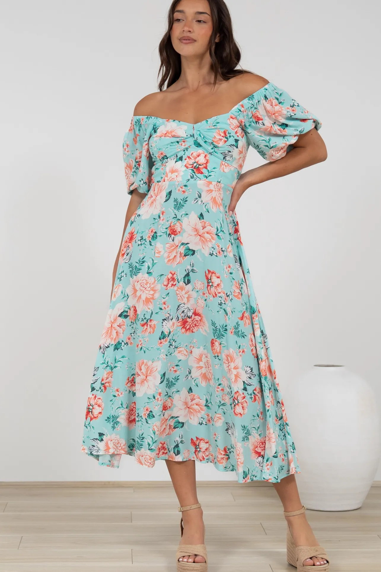 Gisella Midi Dress - Sweetheart Neckline A-Line Dress with Short Sleeves in Helara Print>Salty Crush Outlet