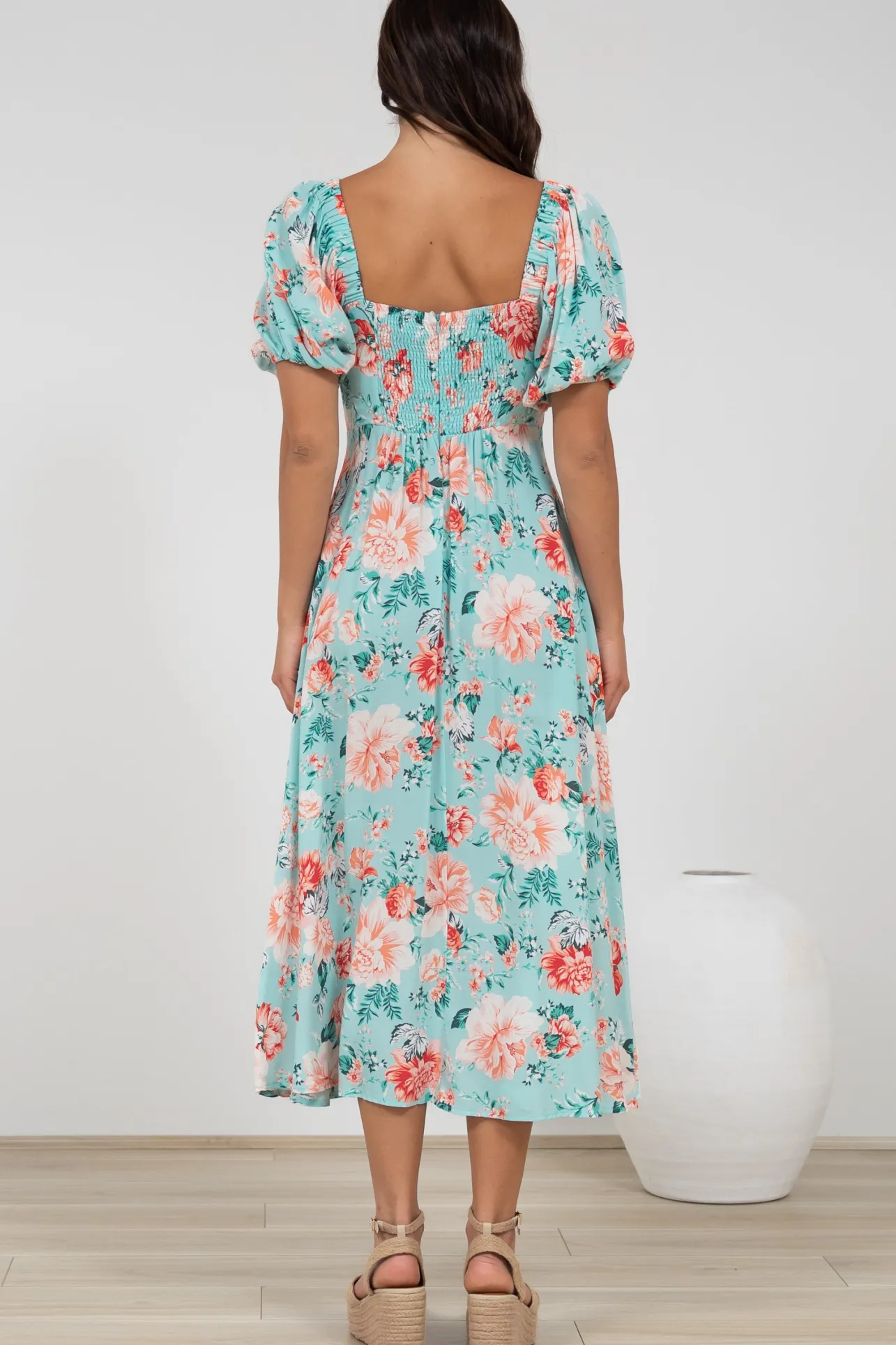 Gisella Midi Dress - Sweetheart Neckline A-Line Dress with Short Sleeves in Helara Print>Salty Crush Outlet