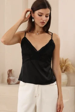 Giselle Cami - Silky Lace Trim Pintuck Bodice Cami in Black>Salty Crush Best
