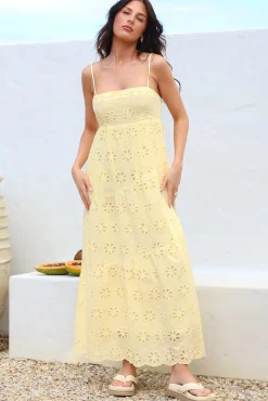 Giulia Maxi Dress - Floral Embroidered Sun Dress in Light Lemon>Salty Crush Hot