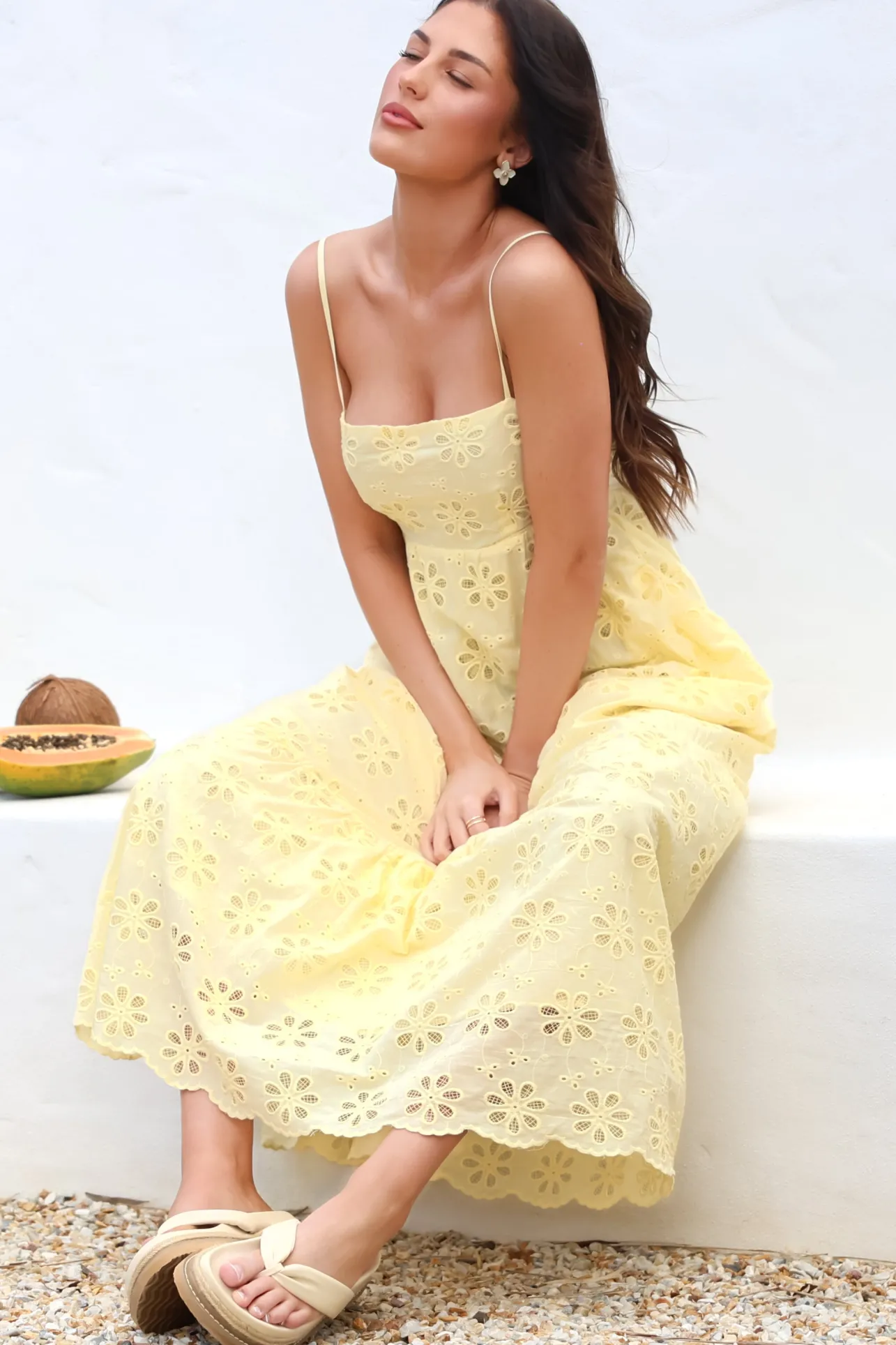 Giulia Maxi Dress - Floral Embroidered Sun Dress in Light Lemon>Salty Crush Hot