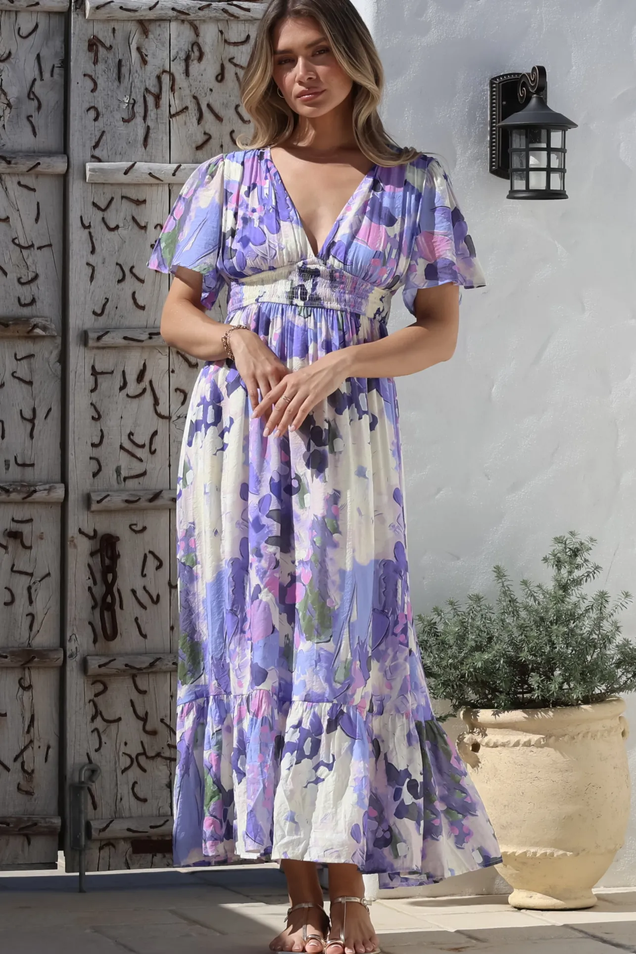 Glades Maxi Dress - V Neck Shirred Waist A Line Dress in Kamara Print Lilac>Salty Crush Hot