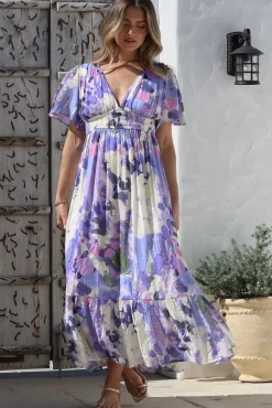 Glades Maxi Dress - V Neck Shirred Waist A Line Dress in Kamara Print Lilac><noscript><img width=