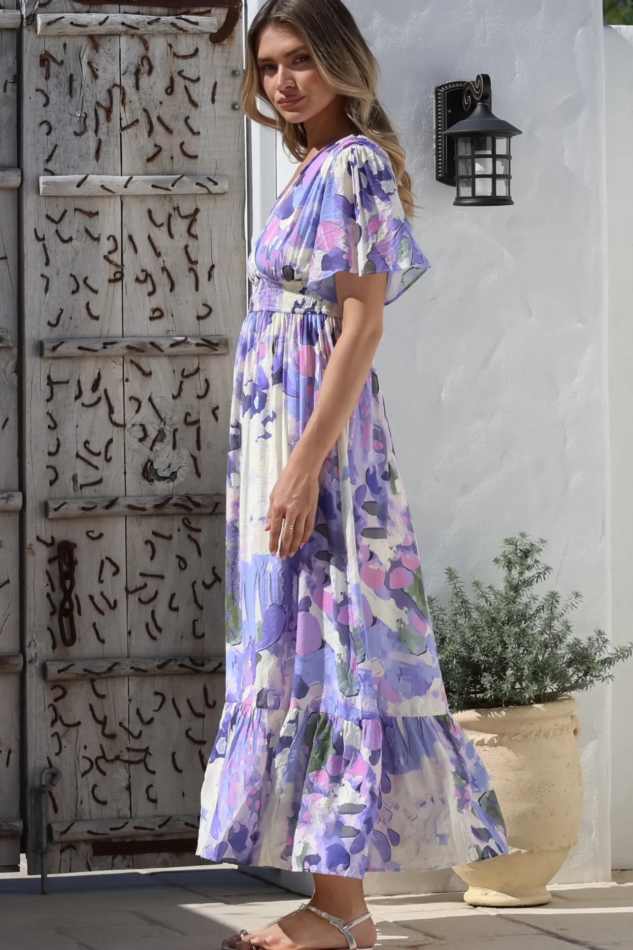 Glades Maxi Dress - V Neck Shirred Waist A Line Dress in Kamara Print Lilac>Salty Crush Hot