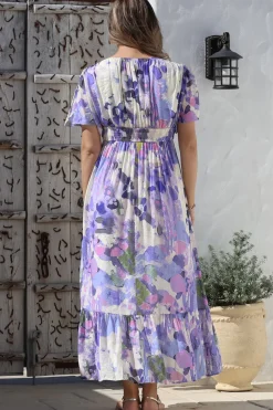 Glades Maxi Dress - V Neck Shirred Waist A Line Dress in Kamara Print Lilac><noscript><img width=