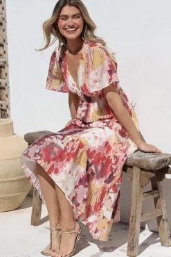 Glades Maxi Dress - V Neck Shirred Waist A Line Dress in Kamara Print Red><noscript><img width=