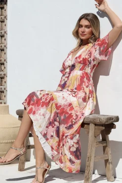 Glades Maxi Dress - V Neck Shirred Waist A Line Dress in Kamara Print Red><noscript><img width=
