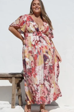 Glades Maxi Dress - V Neck Shirred Waist A Line Dress in Kamara Print Red><noscript><img width=