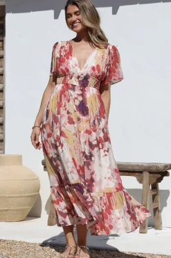 Glades Maxi Dress - V Neck Shirred Waist A Line Dress in Kamara Print Red><noscript><img width=