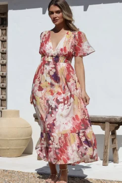 Glades Maxi Dress - V Neck Shirred Waist A Line Dress in Kamara Print Red><noscript><img width=