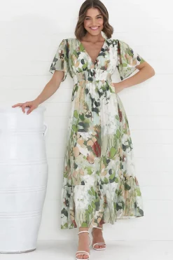 Glades Maxi Dress - V Neck Shirred Waist A Line Dress in Kamara Print Green>Salty Crush New