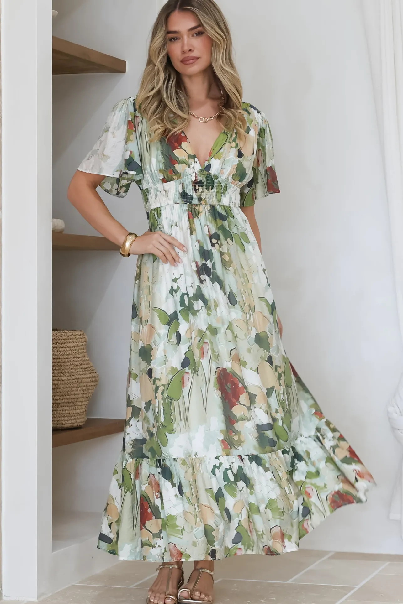 Glades Maxi Dress - V Neck Shirred Waist A Line Dress in Kamara Print Green>Salty Crush New