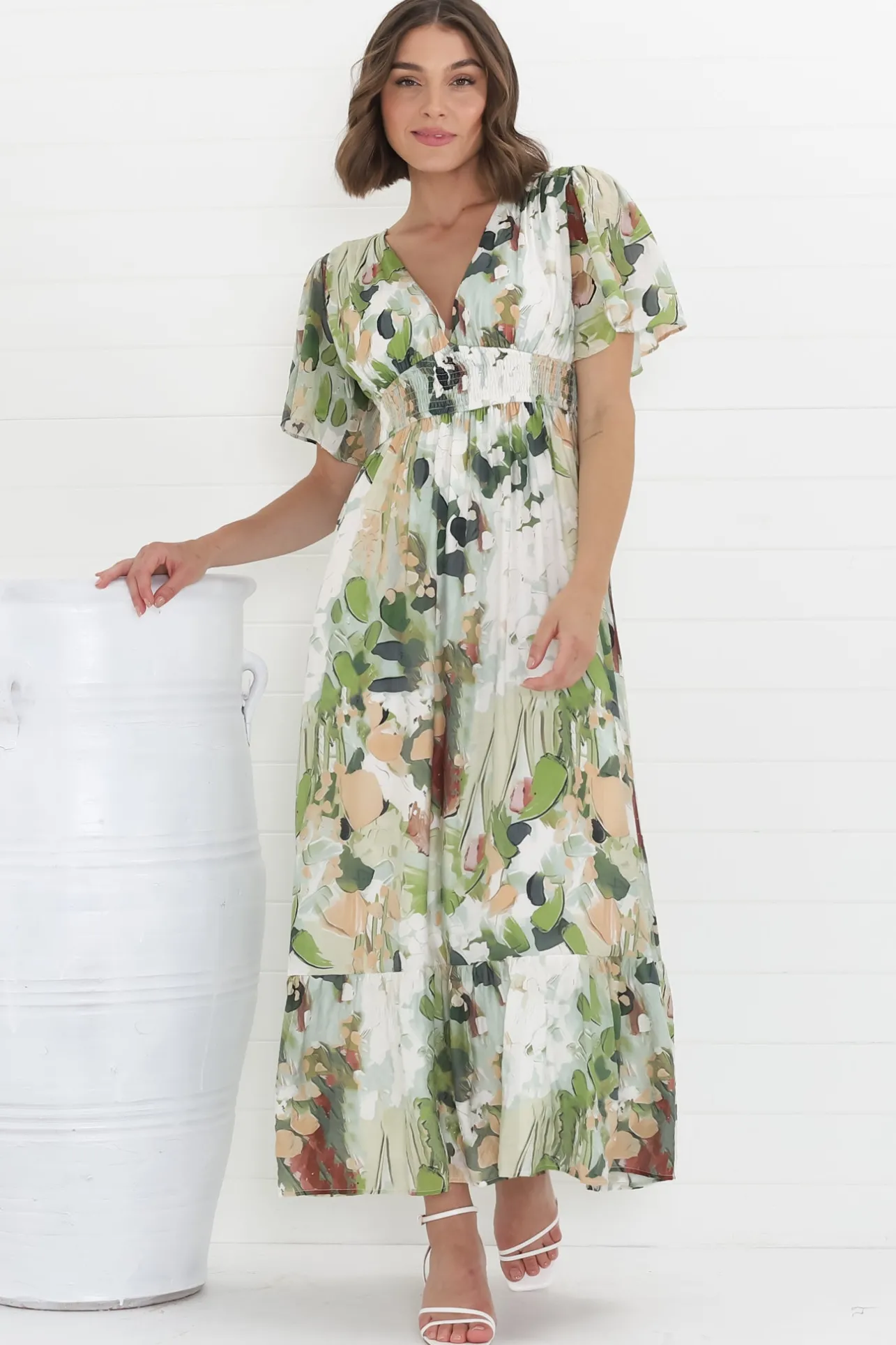 Glades Maxi Dress - V Neck Shirred Waist A Line Dress in Kamara Print Green>Salty Crush New