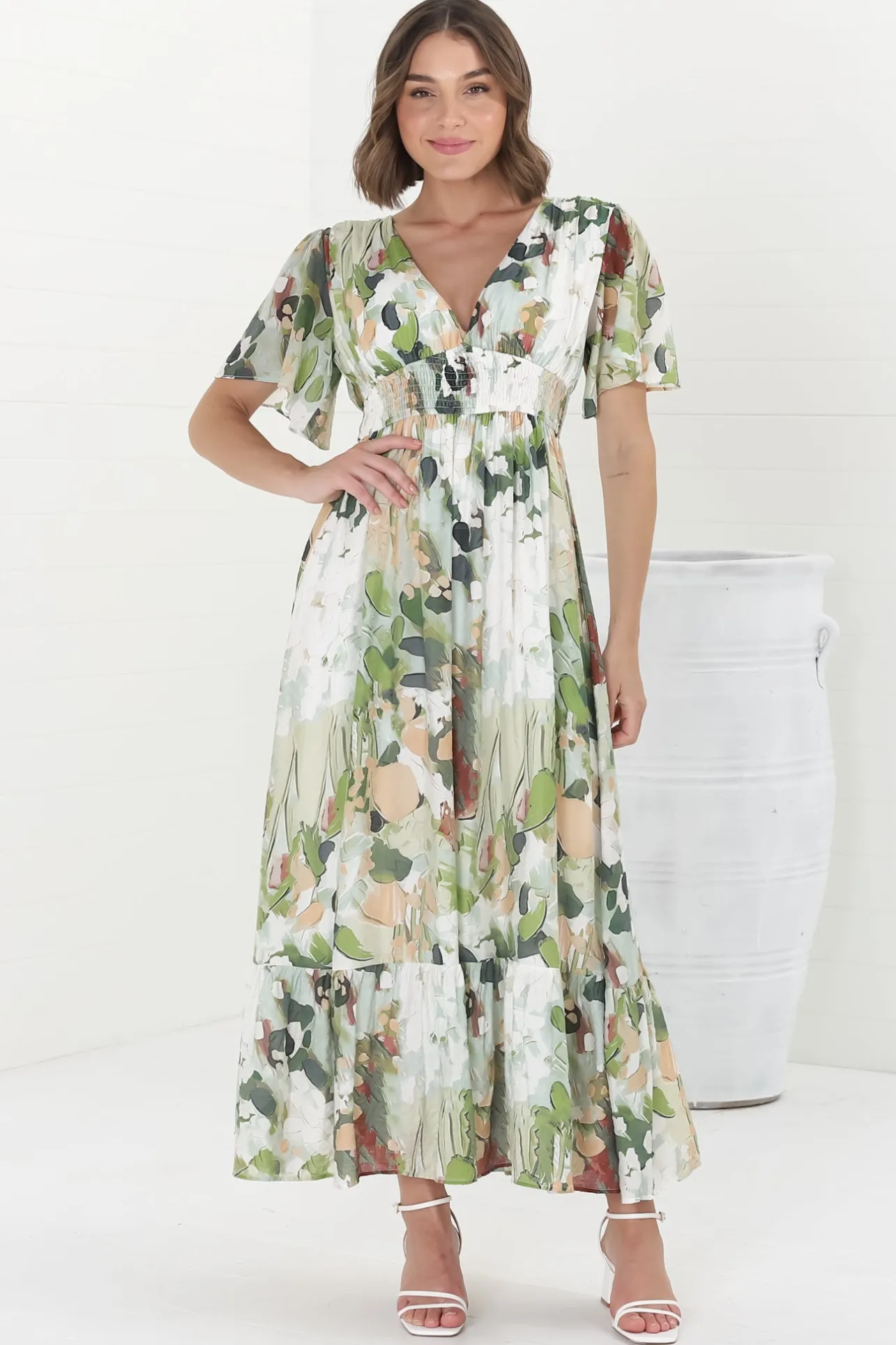Glades Maxi Dress - V Neck Shirred Waist A Line Dress in Kamara Print Green>Salty Crush New