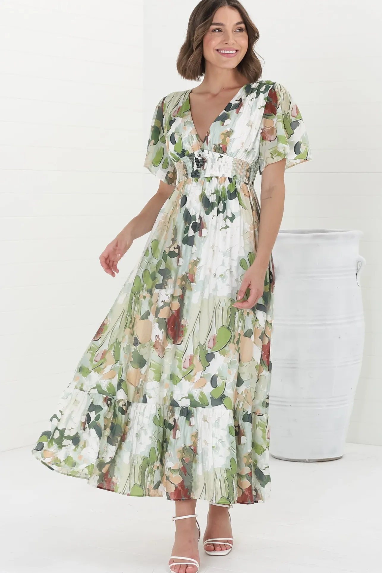 Glades Maxi Dress - V Neck Shirred Waist A Line Dress in Kamara Print Green>Salty Crush New