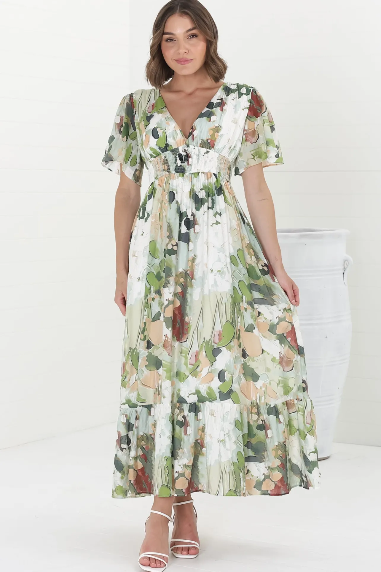 Glades Maxi Dress - V Neck Shirred Waist A Line Dress in Kamara Print Green>Salty Crush New