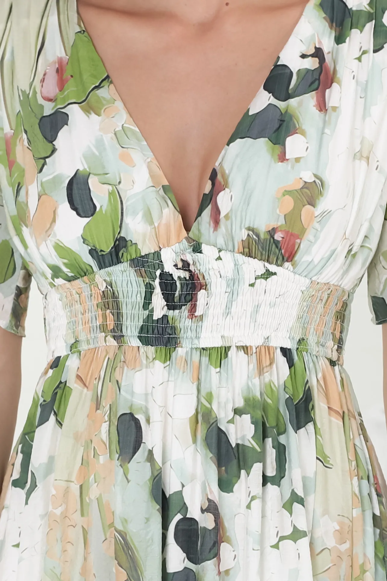 Glades Maxi Dress - V Neck Shirred Waist A Line Dress in Kamara Print Green>Salty Crush New