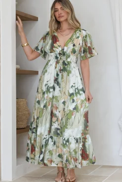 Glades Maxi Dress - V Neck Shirred Waist A Line Dress in Kamara Print Green><noscript><img width=