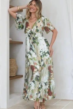 Glades Maxi Dress - V Neck Shirred Waist A Line Dress in Kamara Print Green><noscript><img width=