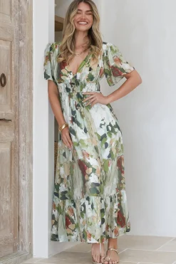 Glades Maxi Dress - V Neck Shirred Waist A Line Dress in Kamara Print Green><noscript><img width=