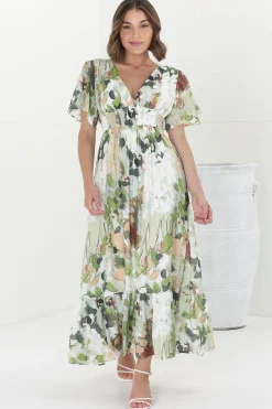 Glades Maxi Dress - V Neck Shirred Waist A Line Dress in Kamara Print Green><noscript><img width=