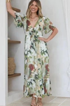 Glades Maxi Dress - V Neck Shirred Waist A Line Dress in Kamara Print Green><noscript><img width=