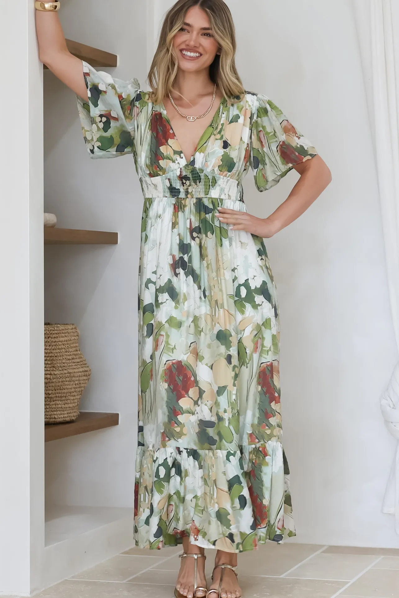 Glades Maxi Dress - V Neck Shirred Waist A Line Dress in Kamara Print Green>Salty Crush New