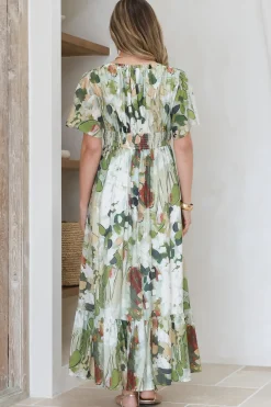 Glades Maxi Dress - V Neck Shirred Waist A Line Dress in Kamara Print Green><noscript><img width=