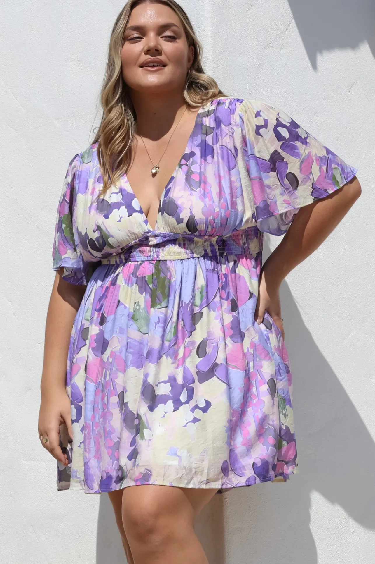 Glades Mini Dress - V Neck Shirred Waist A Line Dress in Kamara Print Purple>Salty Crush Sale